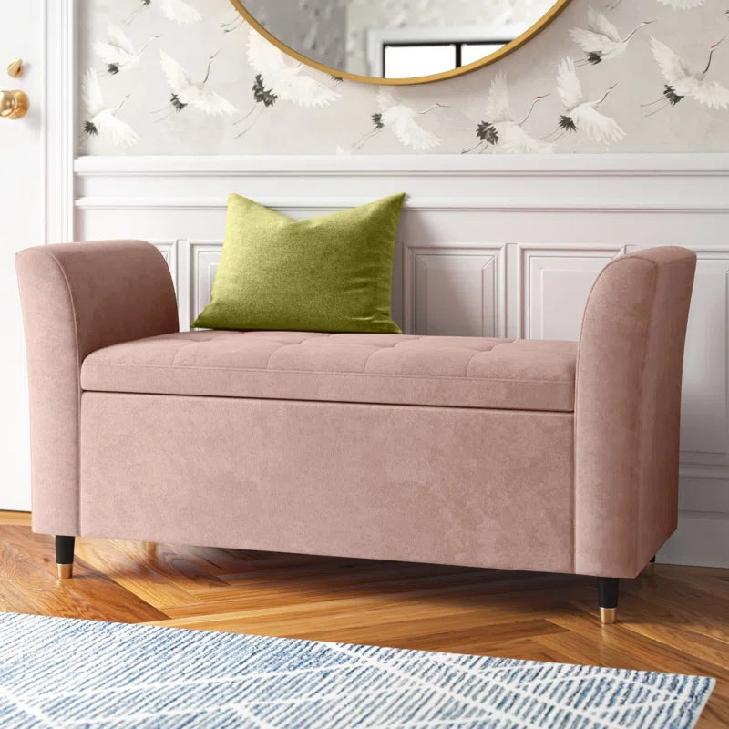 Teal Chenille Storage Bench with Arms, Upholstered Bedroom Seat with Flip-Top Storage