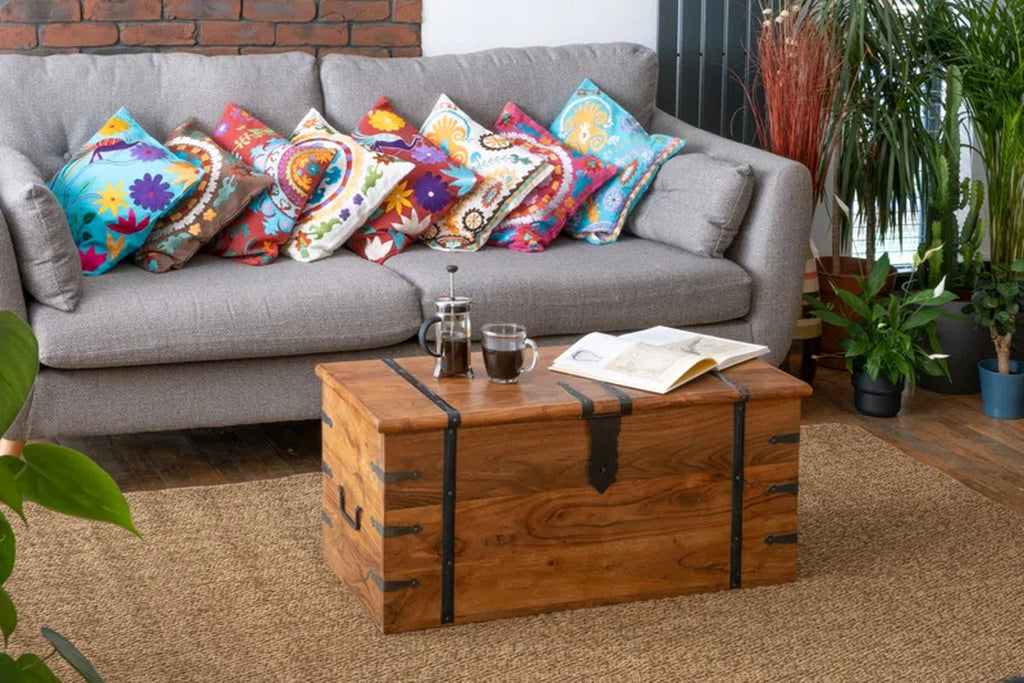 Solid Wood Chest Coffee Table with Storage, Rustic Acacia Trunk Design