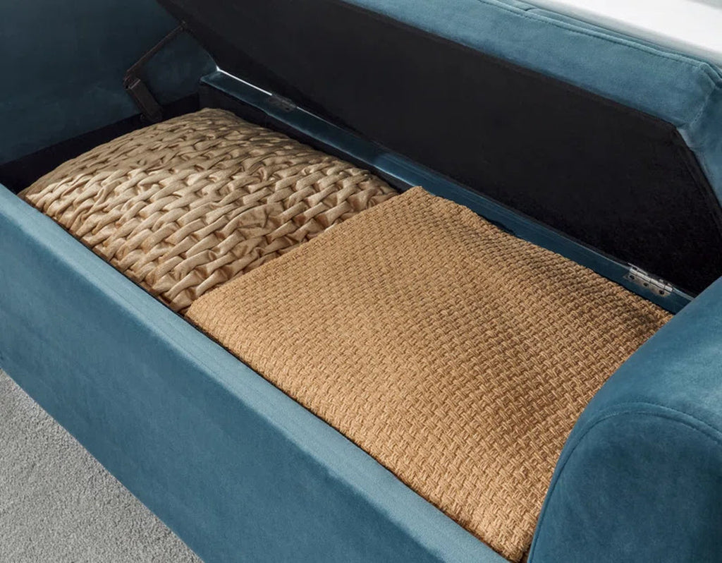 Teal Chenille Storage Bench with Arms, Upholstered Bedroom Seat with Flip-Top Storage