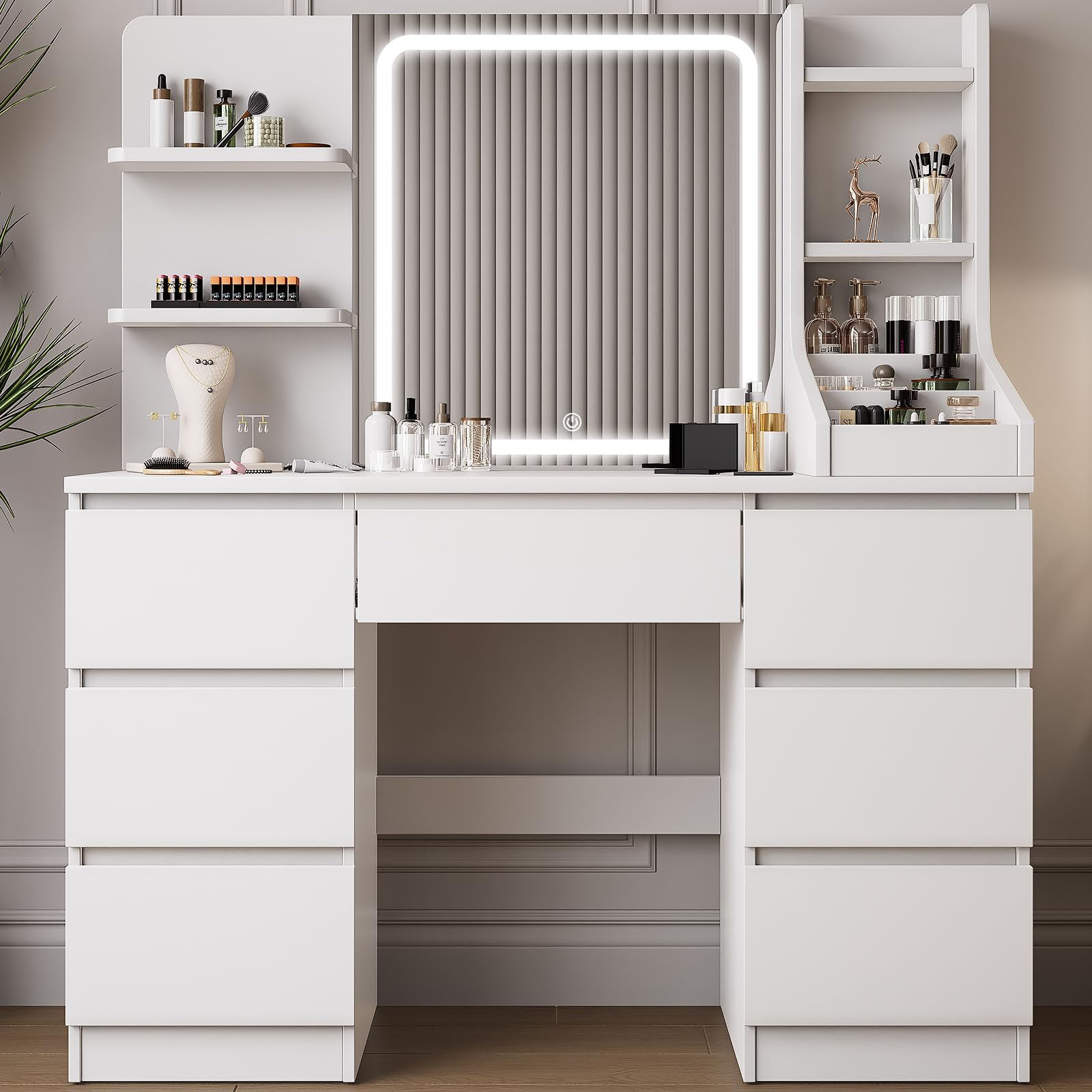 Dressing Table with Large Lighted Mirror, 7 Drawers, 4 Shelves & 3 Open Compartments, Modern White Vanity Desk