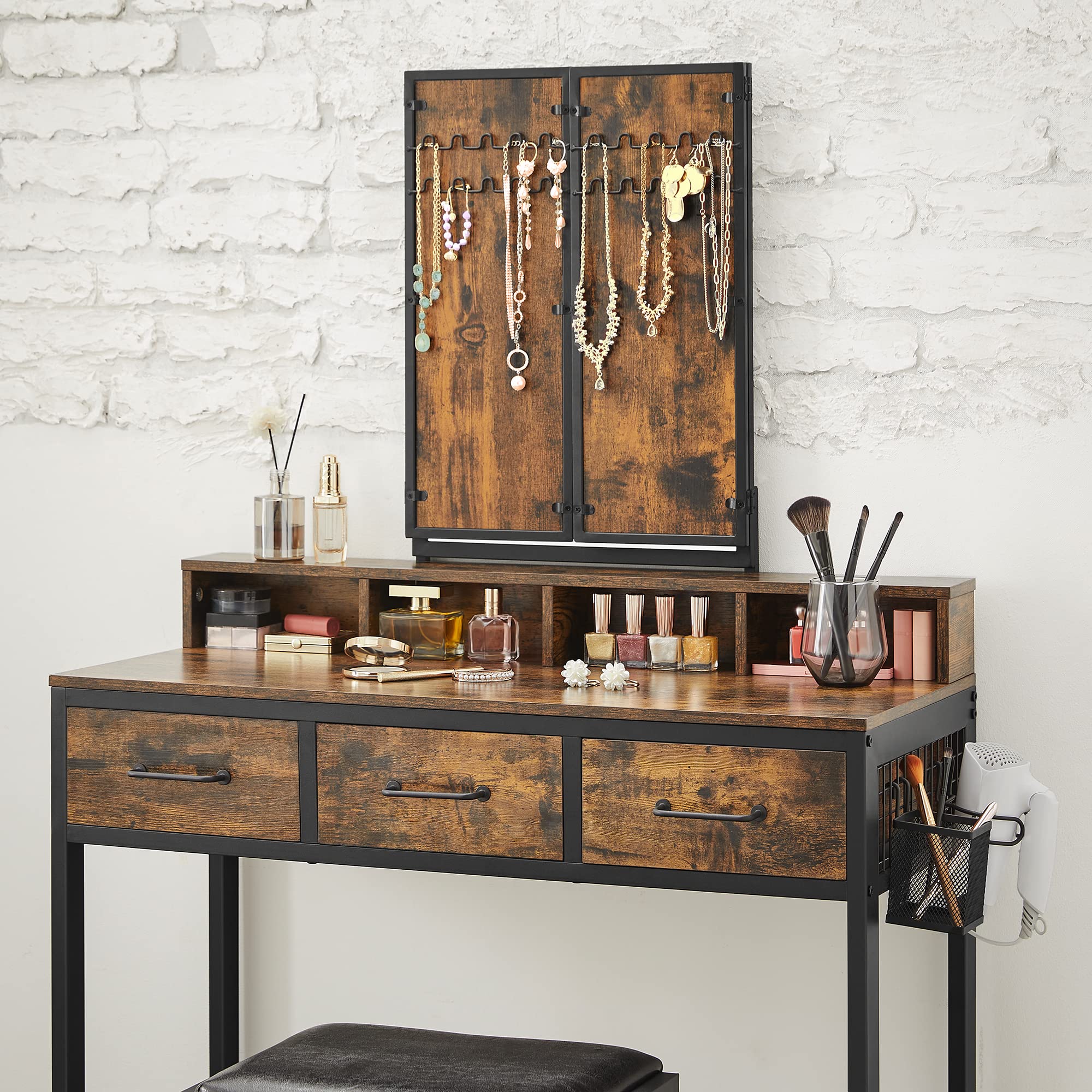 Dressing Table with Tri-Fold Mirror and Stool, 3 Drawers, Hair Dryer Holder, Industrial Rustic Brown & Black