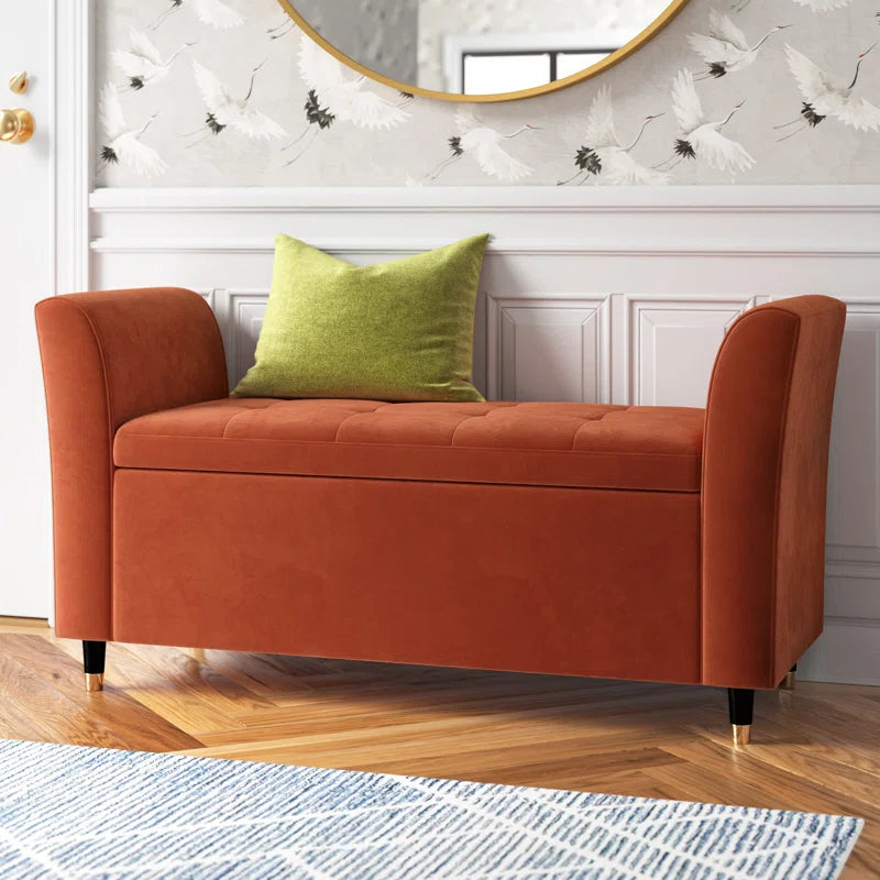 Teal Chenille Storage Bench with Arms, Upholstered Bedroom Seat with Flip-Top Storage