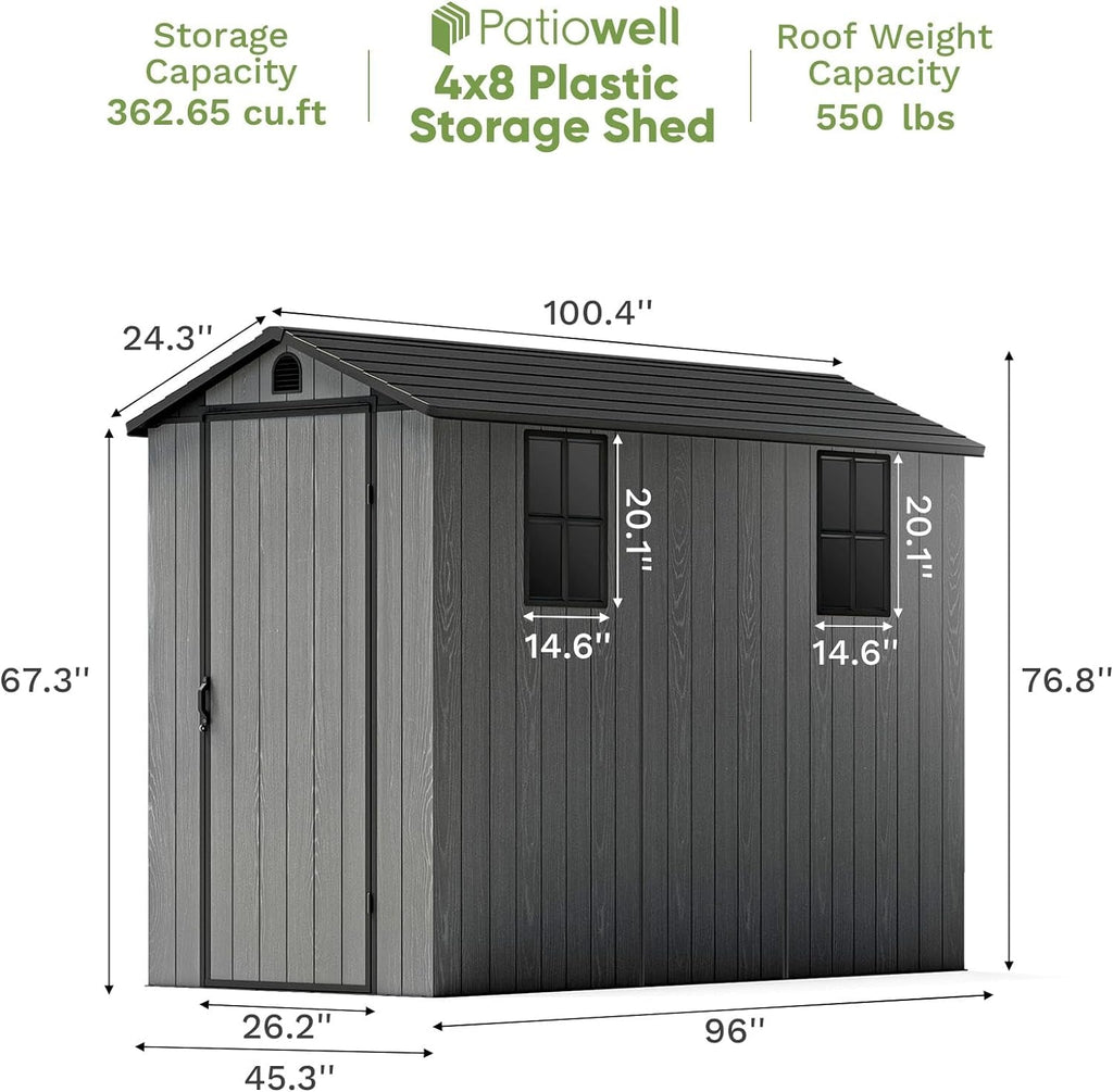 4X8 FT Plastic Outdoor Storage Shed with Floor, Resin outside Shed with Windows and Lockable Door for Backyard Garden Patio Lawn, Easy Installation, Gray (Fit-It Shed)